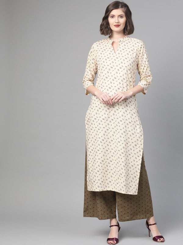 Women Cream & Olive Straight Floral Printed Kurta And Palazzos Set | NOZ2TOZ - Made In INDIA.