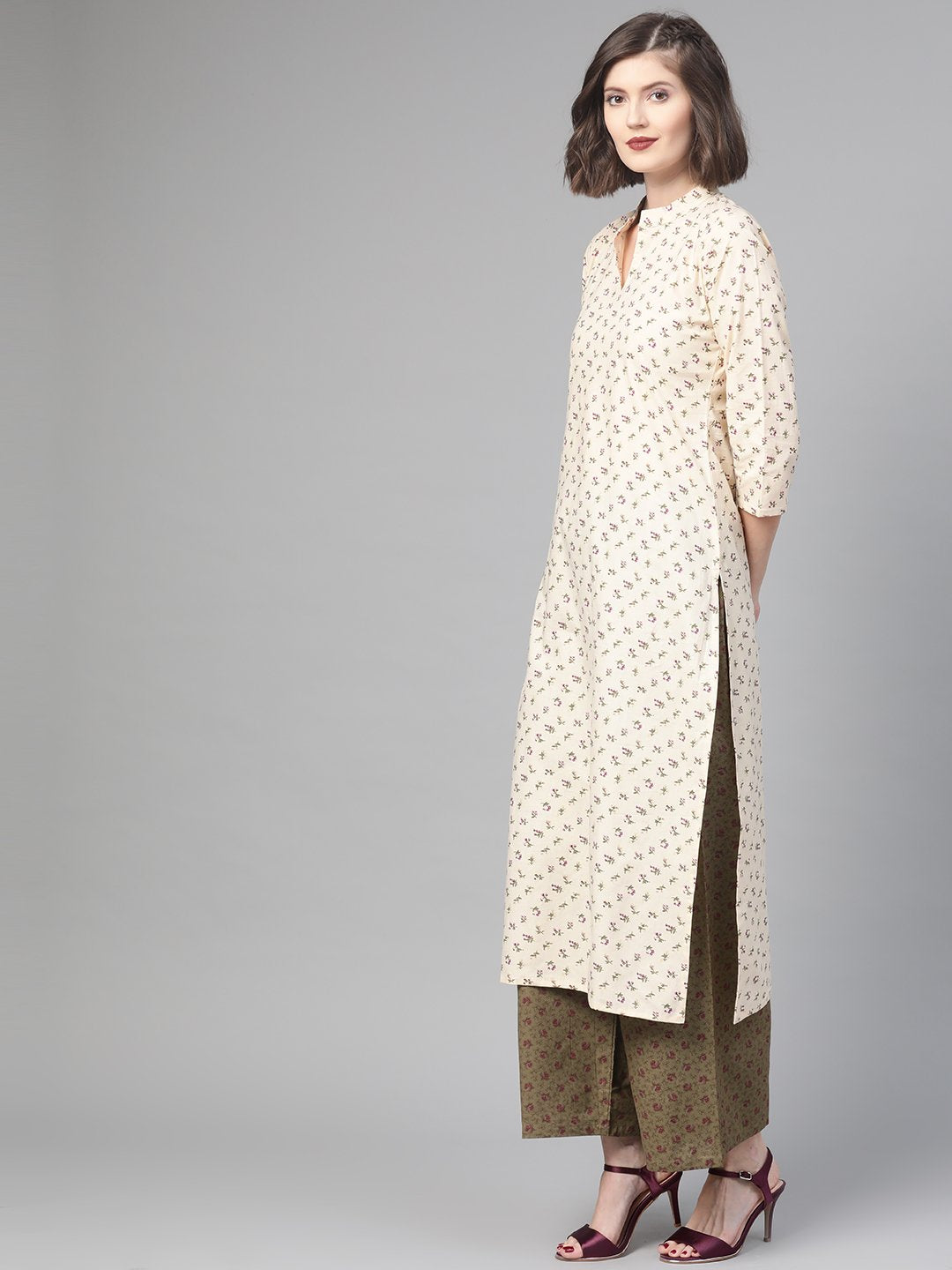 Women Cream & Olive Straight Floral Printed Kurta And Palazzos Set | NOZ2TOZ - Made In INDIA.