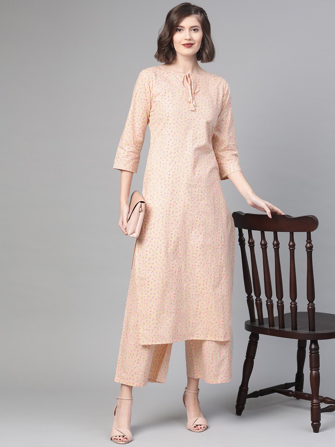 Women Cream & Pink Straight Floral Printed Kurta And Palazzos Set | NOZ2TOZ - Made In INDIA.