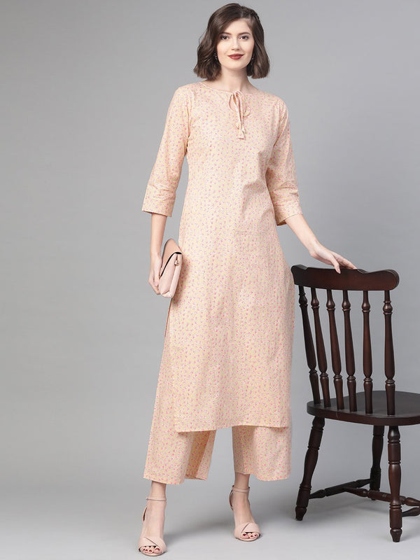 Women Cream & Pink Straight Floral Printed Kurta And Palazzos Set | NOZ2TOZ - Made In INDIA.