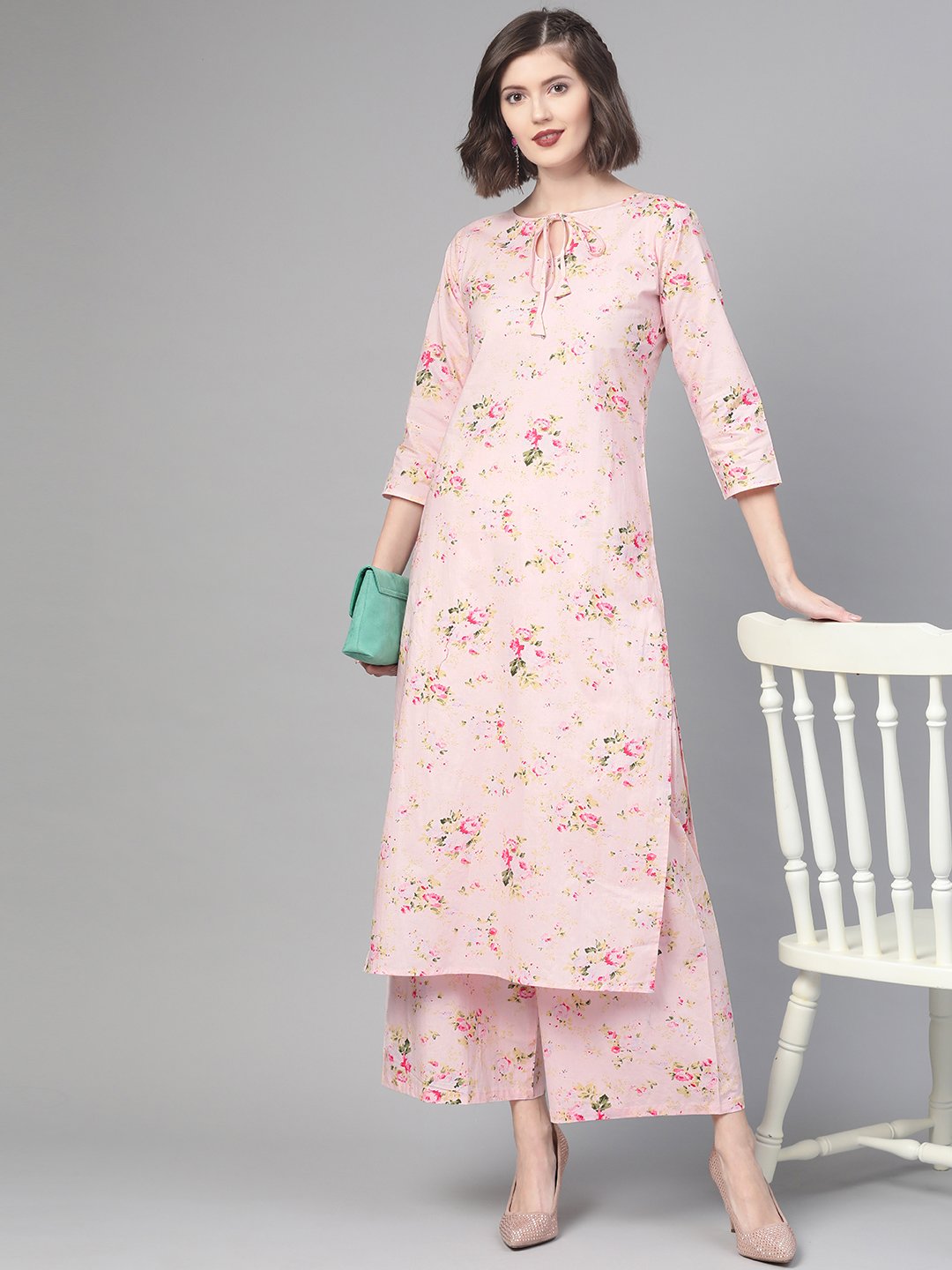 Women Pink & Green Straight Floral Printed Kurta And Palazzos Set | NOZ2TOZ - Made In INDIA.