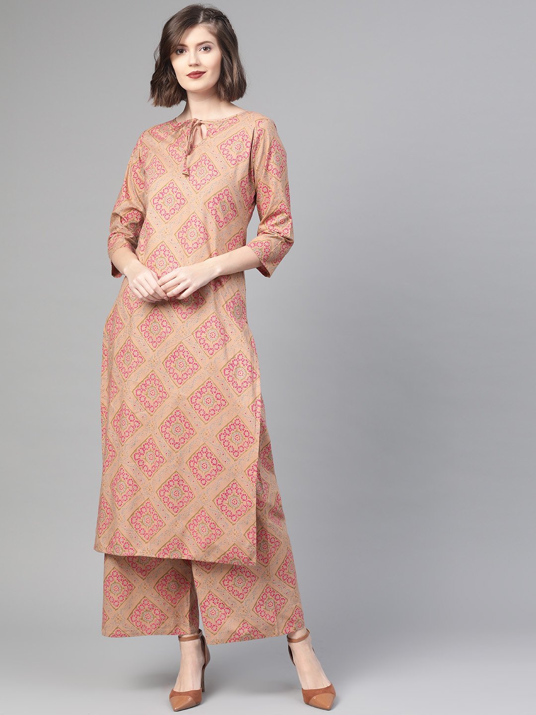 Women Beige & Pink Straight Geometric Printed Kurta And Palazzos Set | NOZ2TOZ - Made In INDIA.