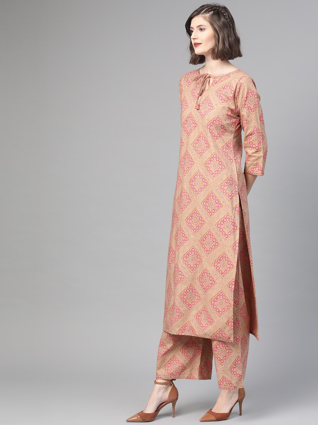 Women Beige & Pink Straight Geometric Printed Kurta And Palazzos Set | NOZ2TOZ - Made In INDIA.