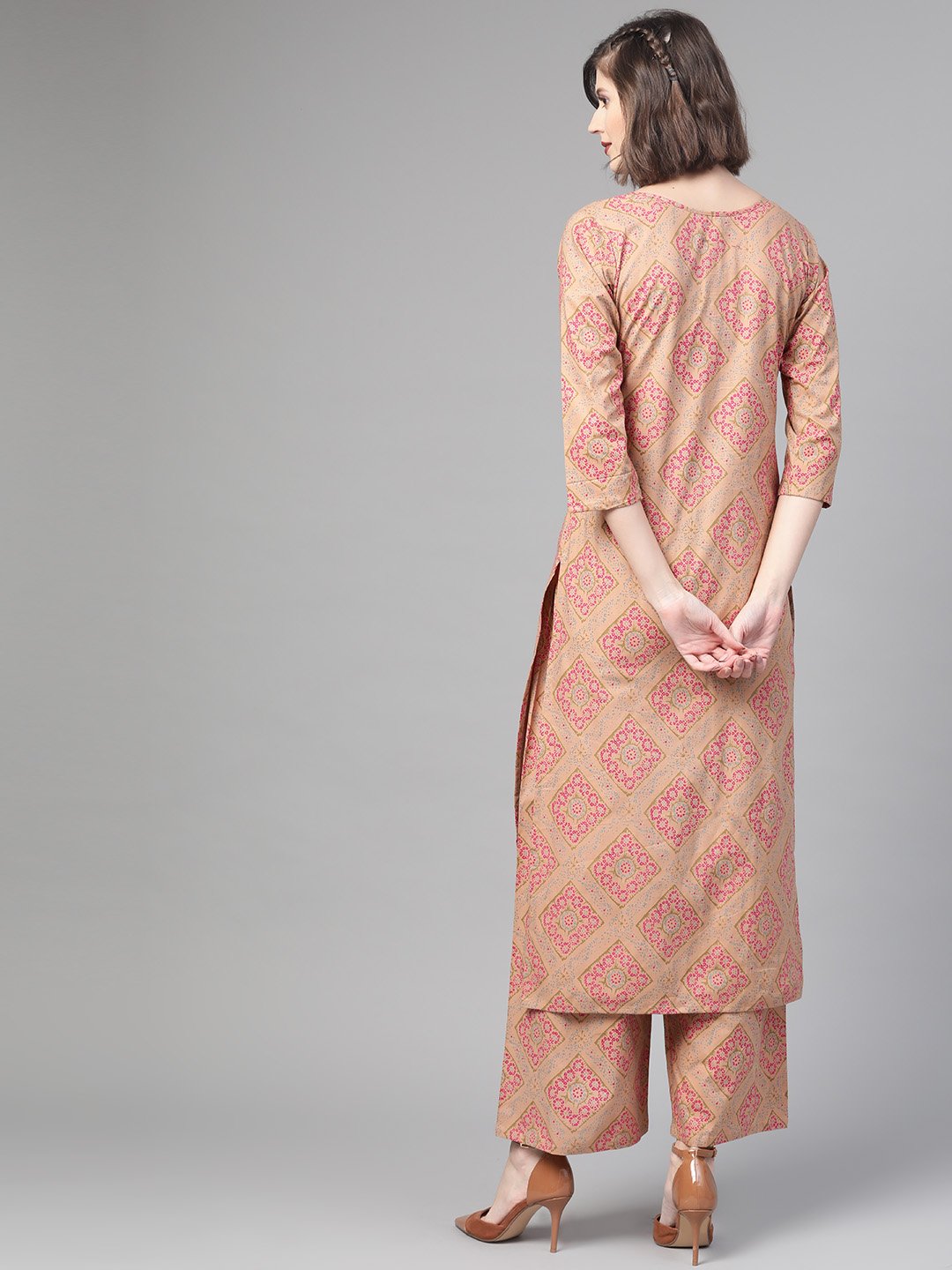 Women Beige & Pink Straight Geometric Printed Kurta And Palazzos Set | NOZ2TOZ - Made In INDIA.