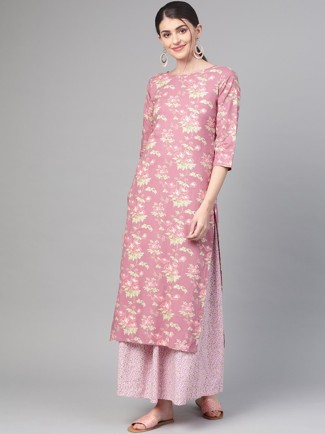 Women Pink & Green Straight Floral Printed Kurta And Skirt Set | NOZ2TOZ - Made In INDIA.