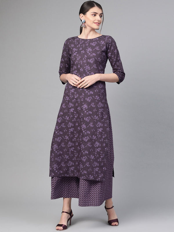 Women Purple &  Straight Floral Printed Kurta And Skirt Set | NOZ2TOZ - Made In INDIA.