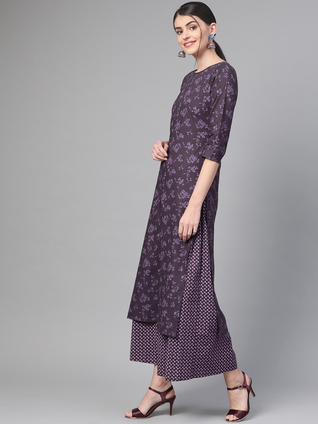 Women Purple &  Straight Floral Printed Kurta And Skirt Set | NOZ2TOZ - Made In INDIA.