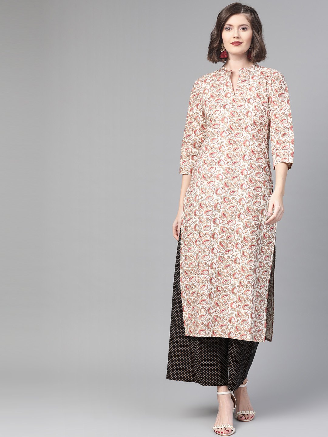 Women Off white & Beige Straight Floral Printed Kurta And Palazzos Set | NOZ2TOZ - Made In INDIA.