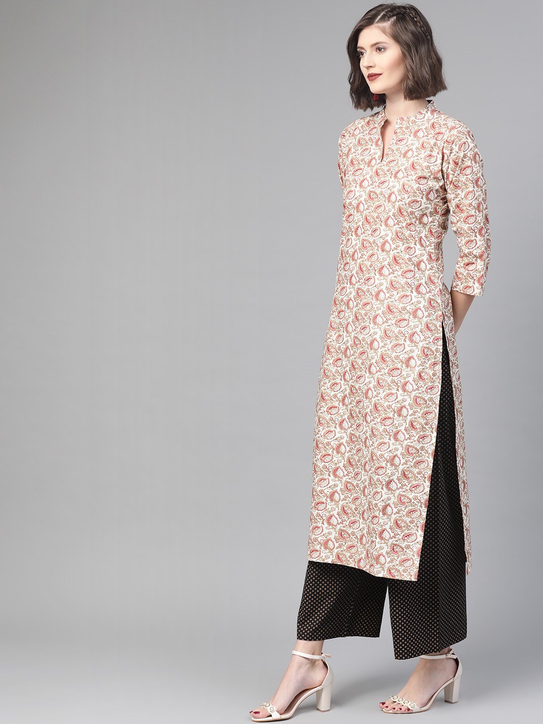 Women Off white & Beige Straight Floral Printed Kurta And Palazzos Set | NOZ2TOZ - Made In INDIA.