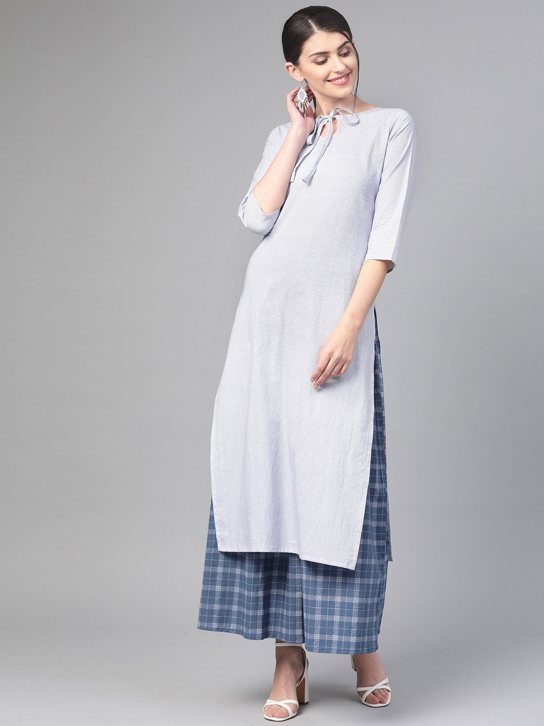 Women White & Blue Straight Geometric Printed Kurta And Skirt Set | NOZ2TOZ - Made In INDIA.