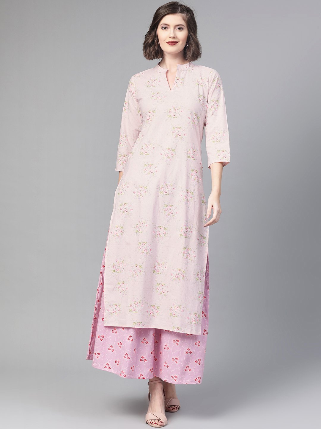 Women Pink & Green Straight Floral Printed Kurta And Skirt Set | NOZ2TOZ - Made In INDIA.