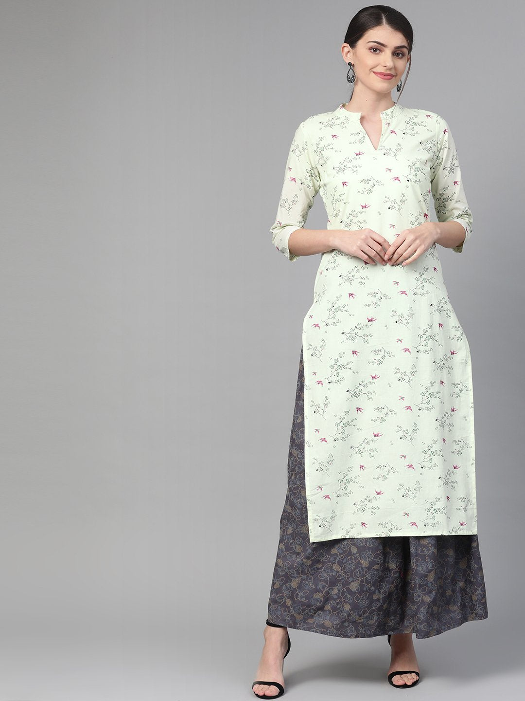 Women Green & Pink Straight Floral Printed Kurta And Skirt Set | NOZ2TOZ - Made In INDIA.