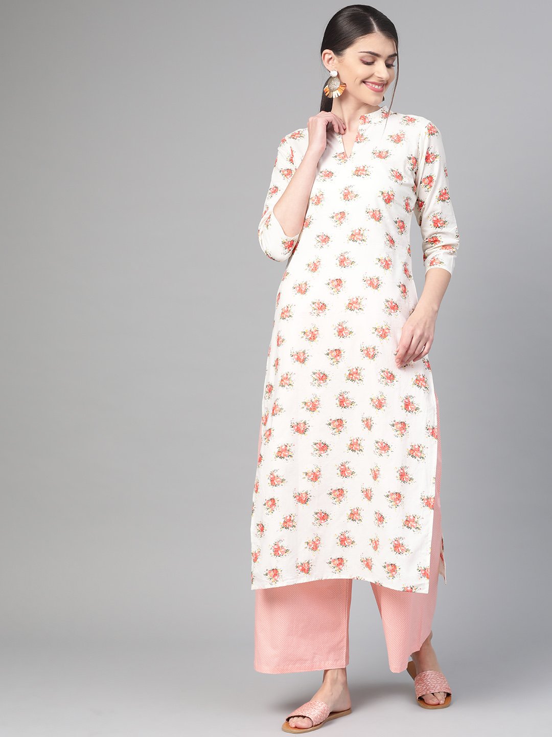 Women Off white & Peach Straight Floral Printed Kurta And Palazzos Set | NOZ2TOZ - Made In INDIA.