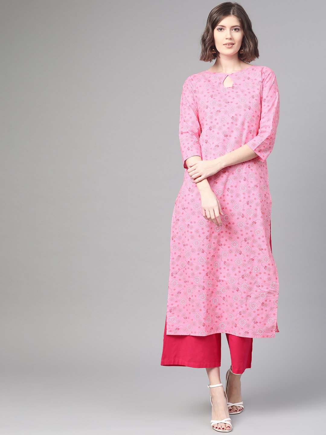 Adults-Women Pink & White Cotton Straight Floral Printed Kurta | NOZ2TOZ - Made In INDIA.