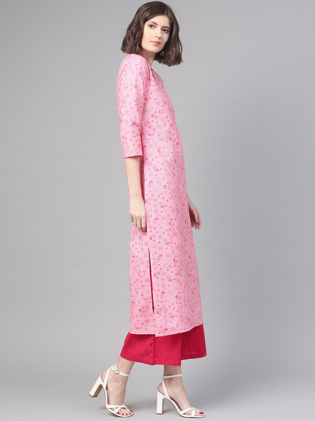 Adults-Women Pink & White Cotton Straight Floral Printed Kurta | NOZ2TOZ - Made In INDIA.