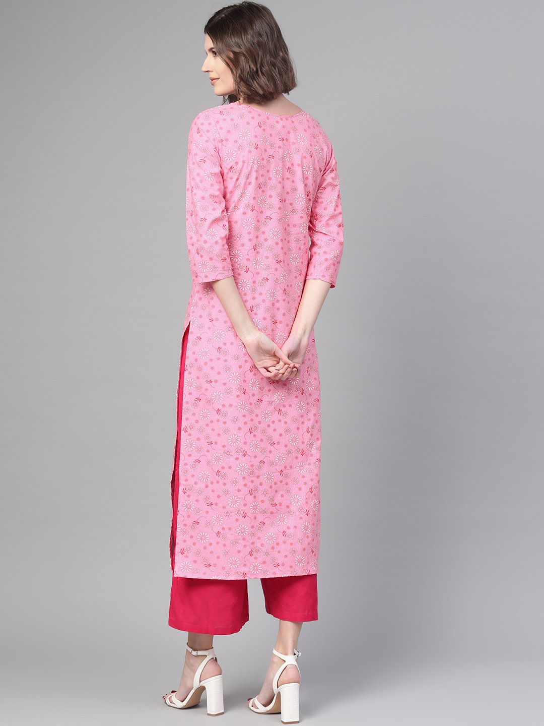 Adults-Women Pink & White Cotton Straight Floral Printed Kurta | NOZ2TOZ - Made In INDIA.