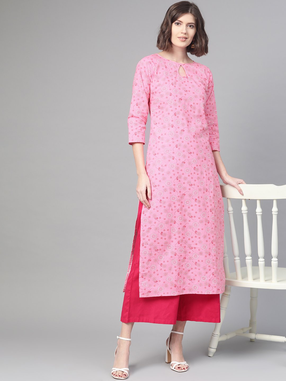 Adults-Women Pink & White Cotton Straight Floral Printed Kurta | NOZ2TOZ - Made In INDIA.