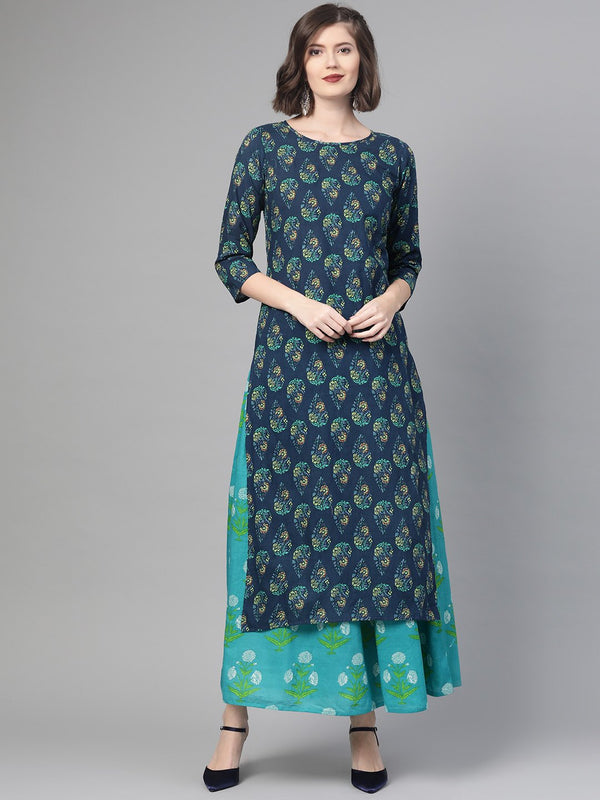 Women Navy Blue & Green Straight Ethnic Motifs Printed Kurta And Skirt Set | NOZ2TOZ - Made In INDIA.