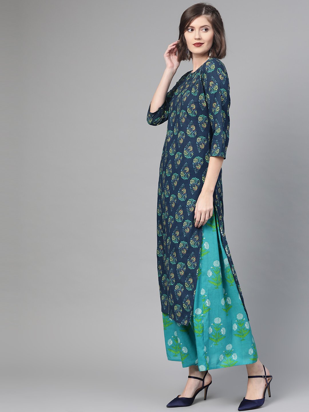 Women Navy Blue & Green Straight Ethnic Motifs Printed Kurta And Skirt Set | NOZ2TOZ - Made In INDIA.