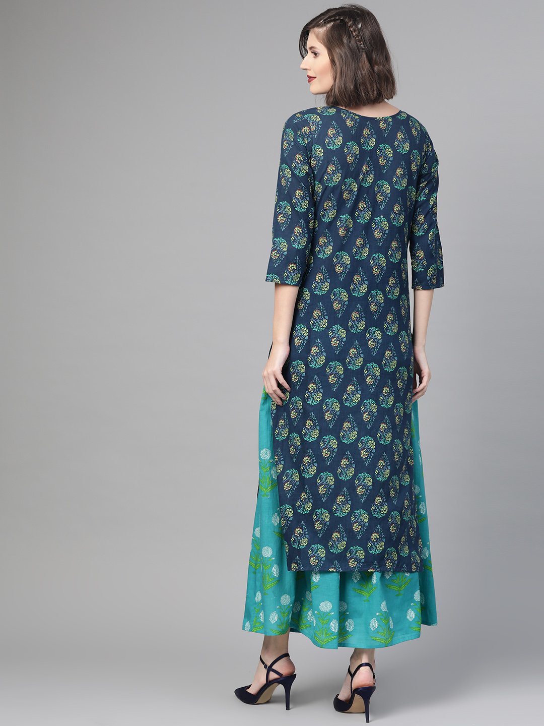 Women Navy Blue & Green Straight Ethnic Motifs Printed Kurta And Skirt Set | NOZ2TOZ - Made In INDIA.