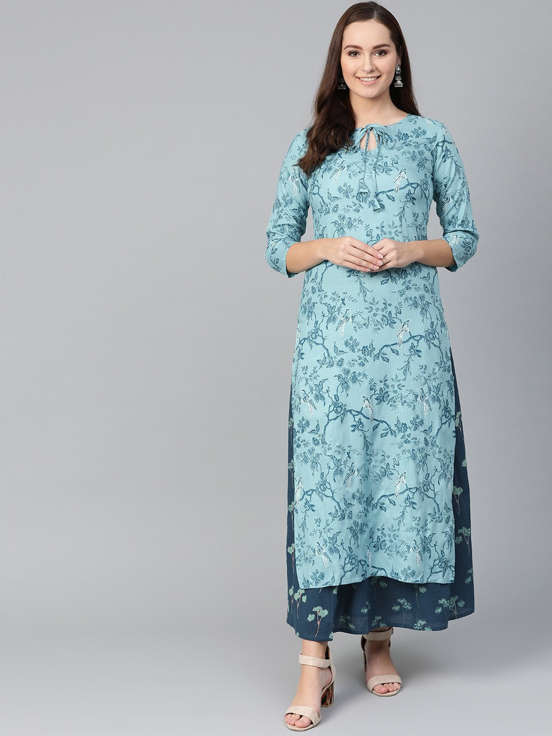 Women Teal & Navy Blue Straight Floral Printed Kurta And Skirt Set | NOZ2TOZ - Made In INDIA.