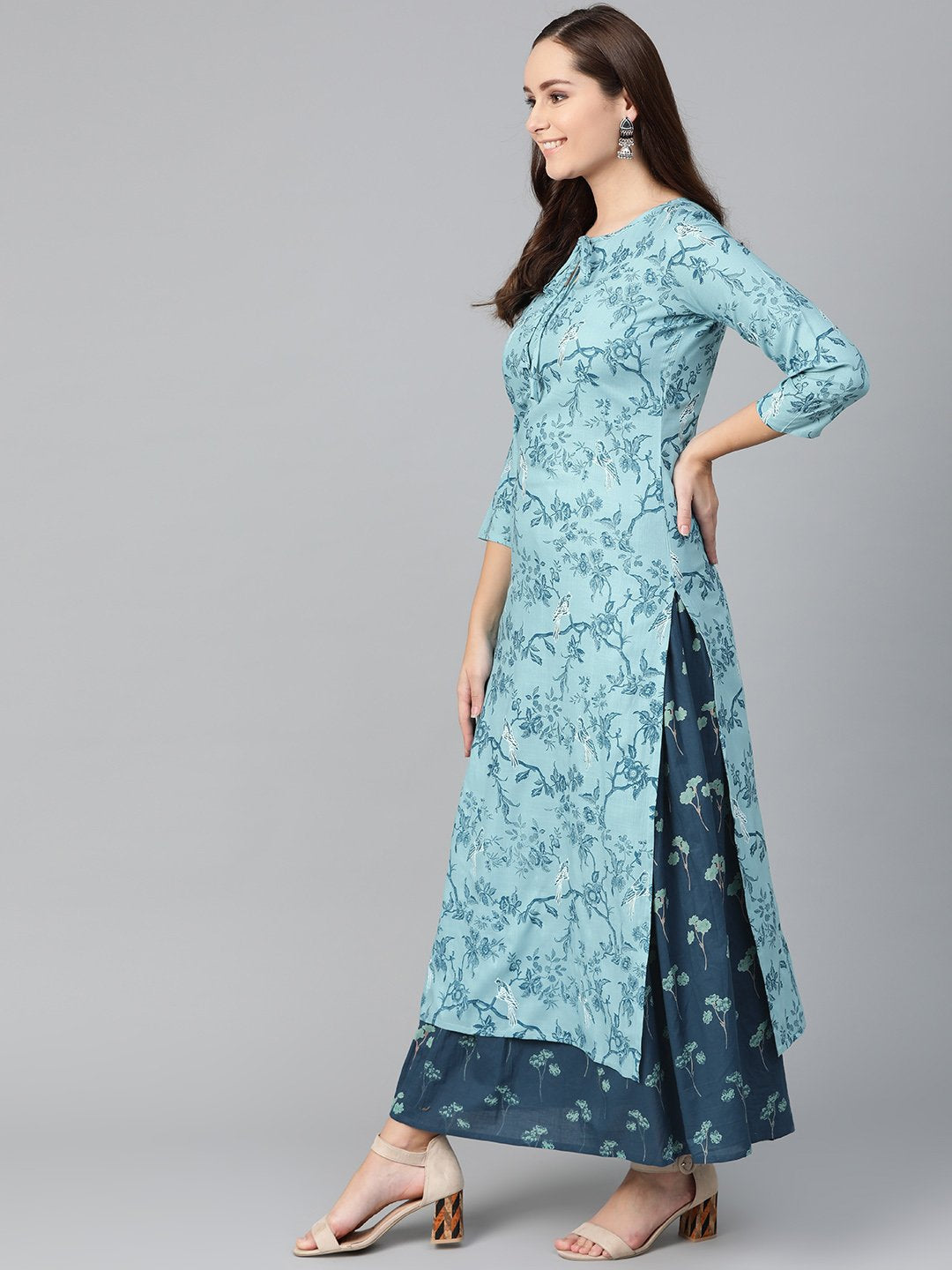 Women Teal & Navy Blue Straight Floral Printed Kurta And Skirt Set | NOZ2TOZ - Made In INDIA.