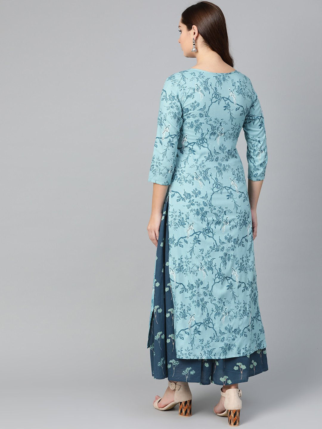 Women Teal & Navy Blue Straight Floral Printed Kurta And Skirt Set | NOZ2TOZ - Made In INDIA.