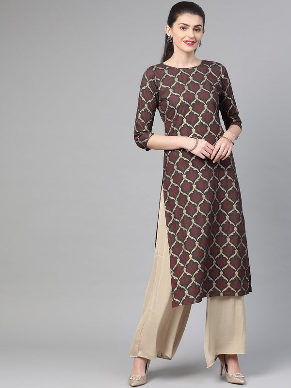 Adults-Women Olive & Gold Cotton Straight Geometric Printed Kurta | NOZ2TOZ - Made In INDIA.