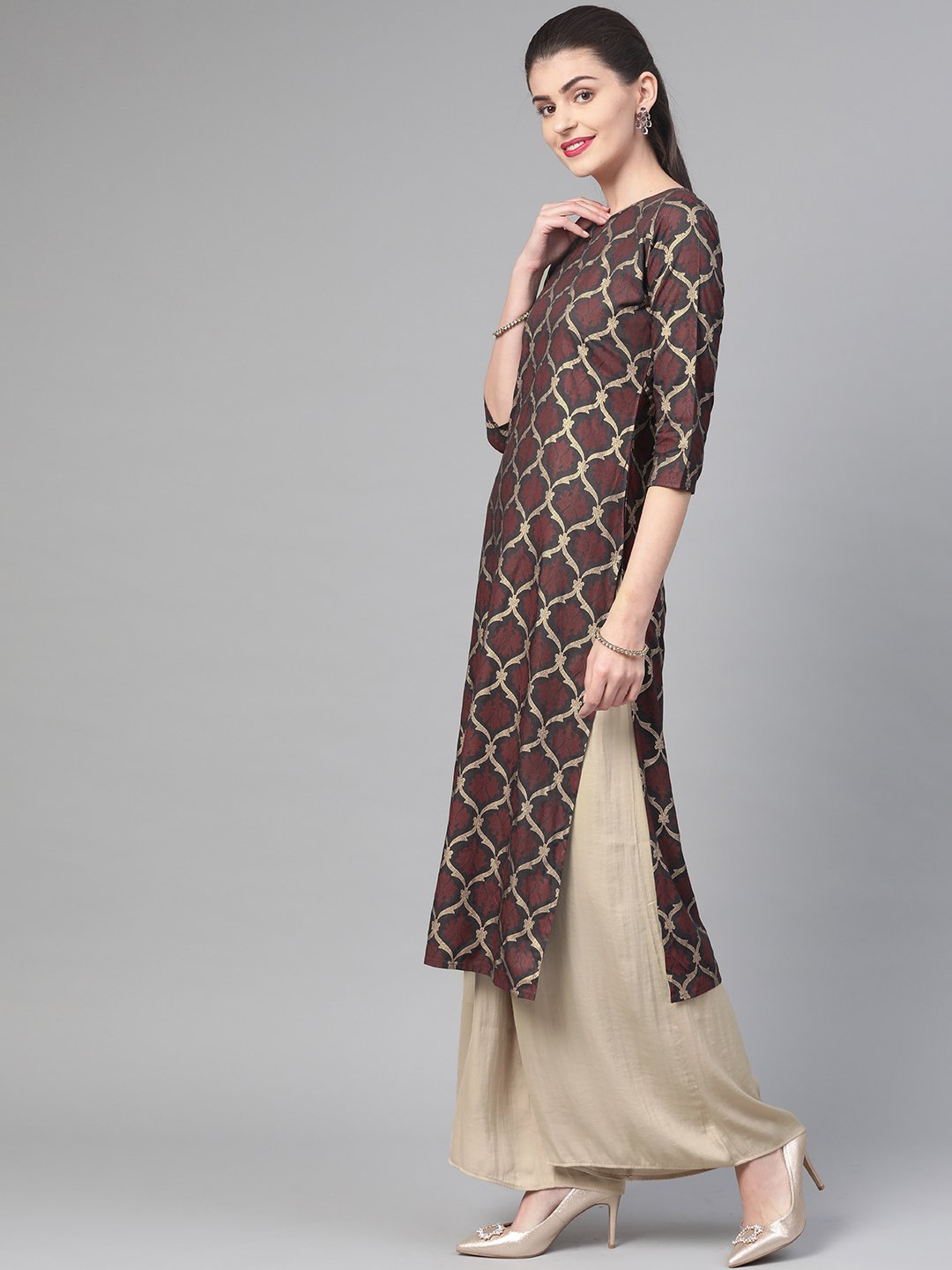 Adults-Women Olive & Gold Cotton Straight Geometric Printed Kurta | NOZ2TOZ - Made In INDIA.