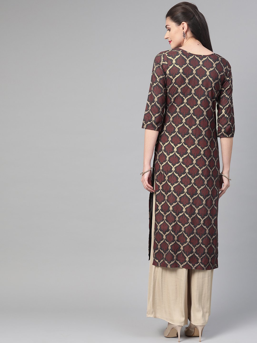 Adults-Women Olive & Gold Cotton Straight Geometric Printed Kurta | NOZ2TOZ - Made In INDIA.