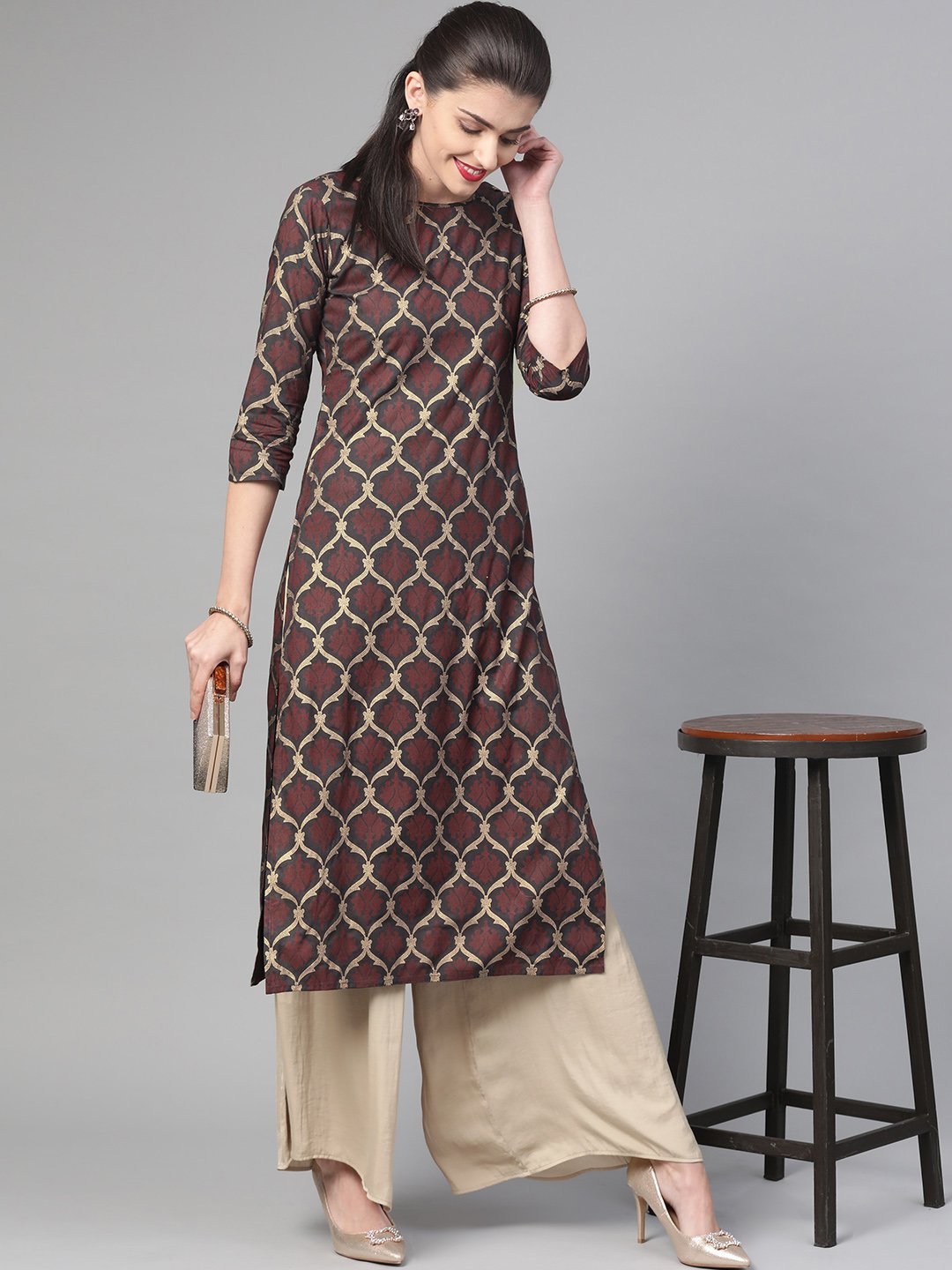 Adults-Women Olive & Gold Cotton Straight Geometric Printed Kurta | NOZ2TOZ - Made In INDIA.