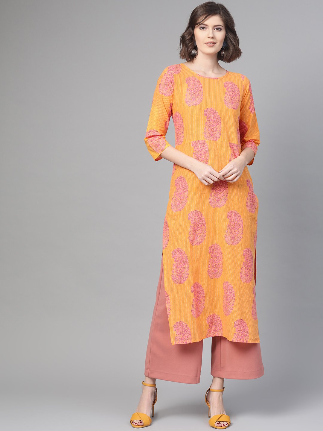 Adults-Women Orange & Pink Cotton Straight Paisley Printed Kurta | NOZ2TOZ - Made In INDIA.