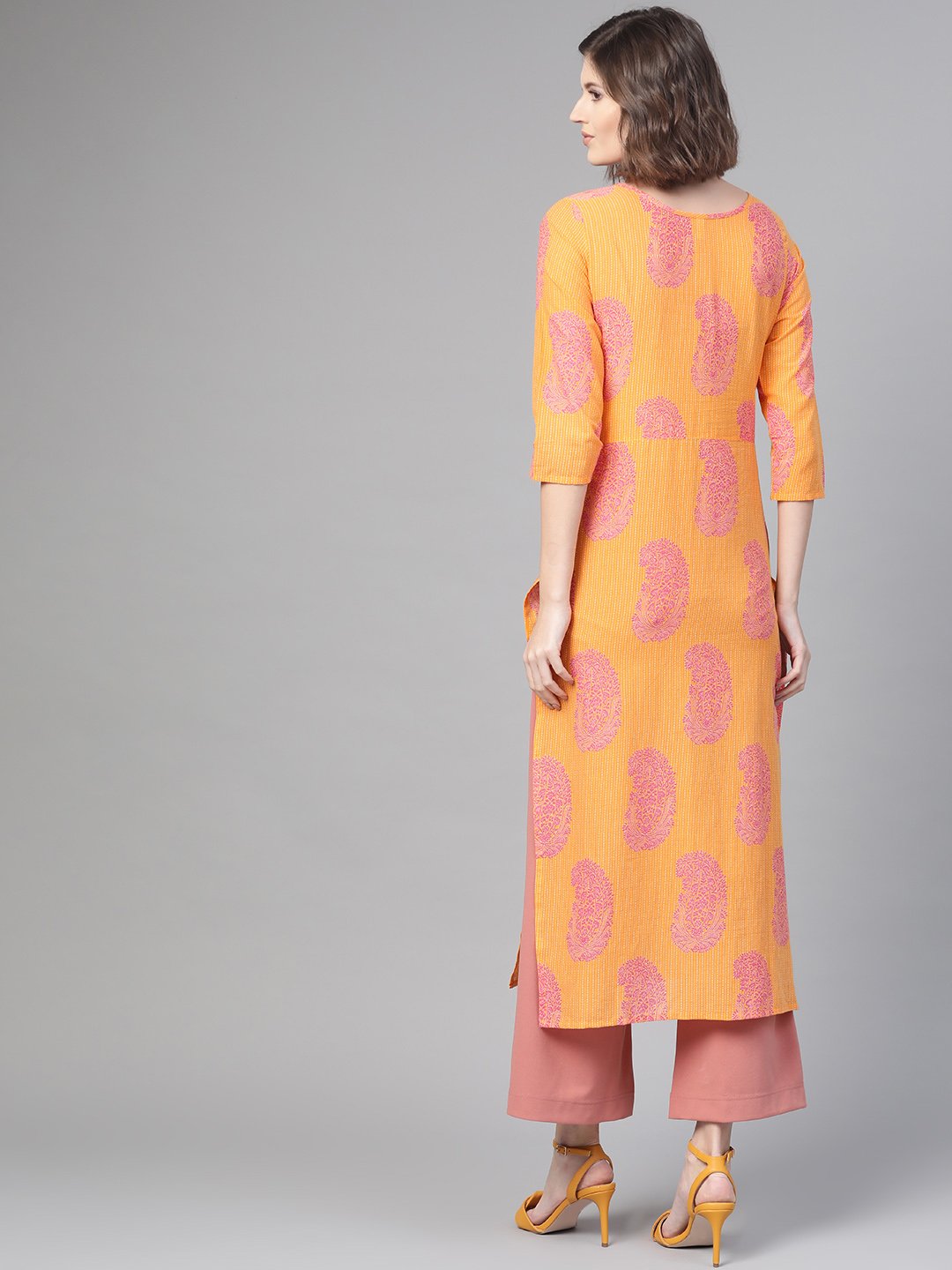 Adults-Women Orange & Pink Cotton Straight Paisley Printed Kurta | NOZ2TOZ - Made In INDIA.