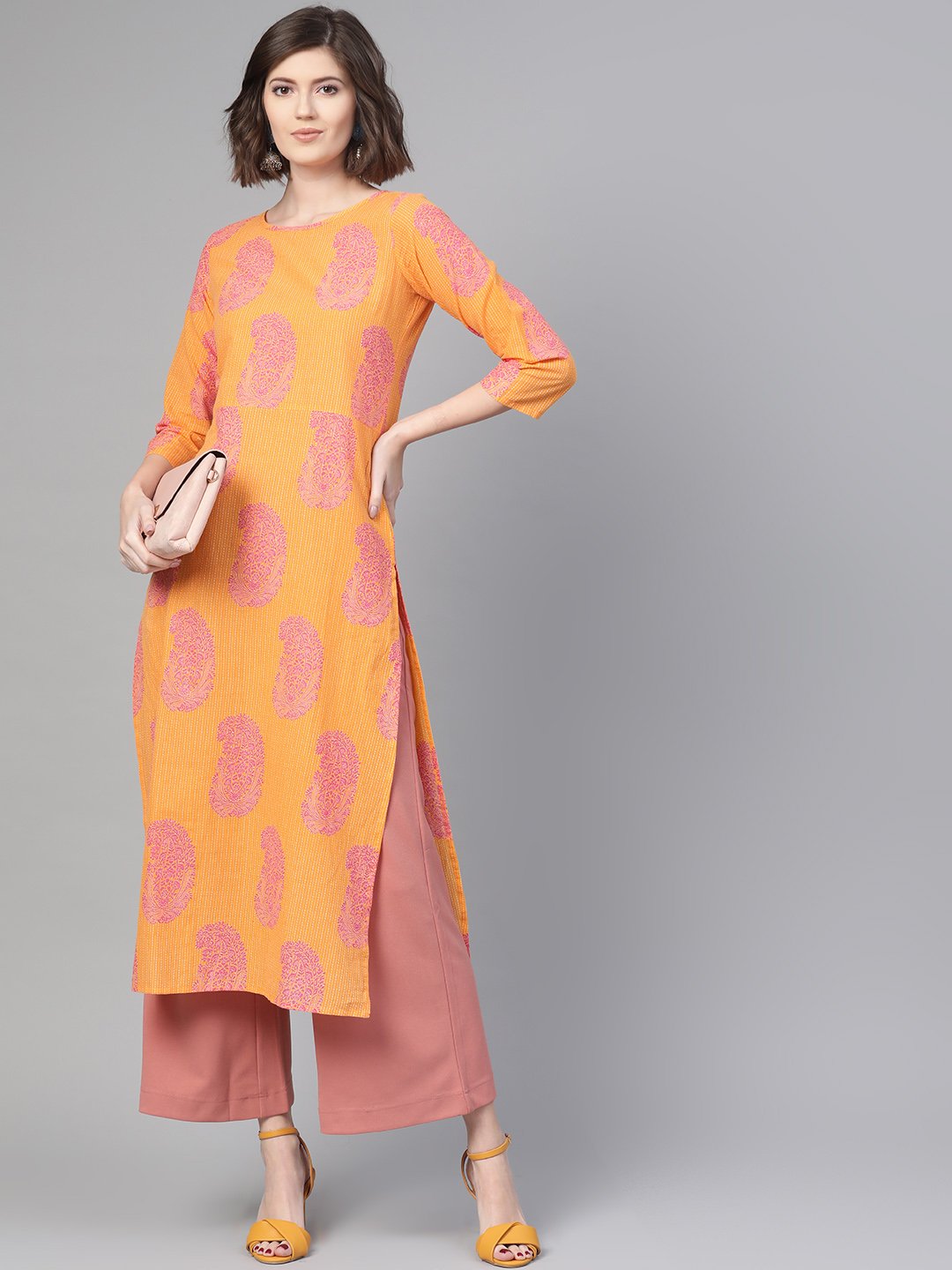 Adults-Women Orange & Pink Cotton Straight Paisley Printed Kurta | NOZ2TOZ - Made In INDIA.