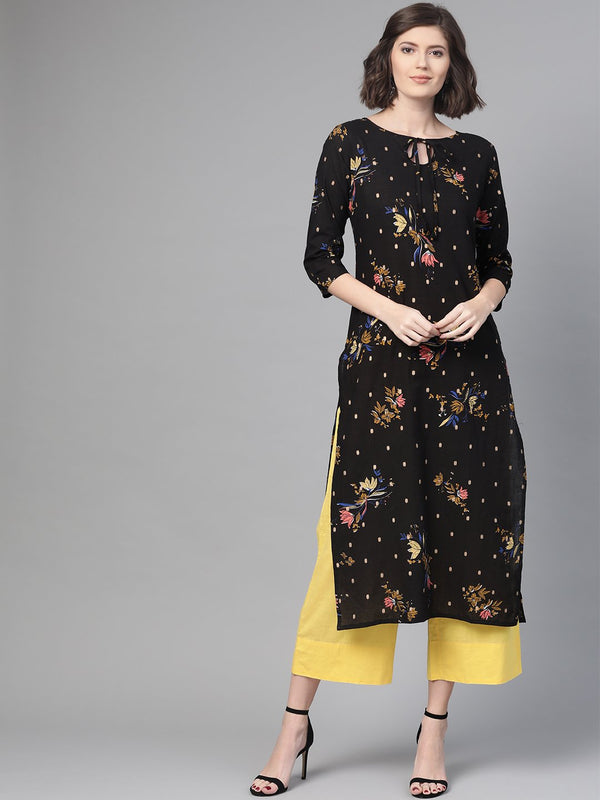 Adults-Women Black & Gold Cotton Straight Floral Printed Kurta | NOZ2TOZ - Made In INDIA.