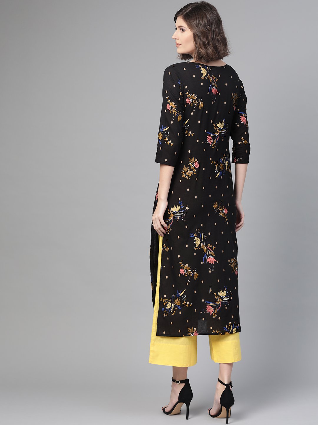 Adults-Women Black & Gold Cotton Straight Floral Printed Kurta | NOZ2TOZ - Made In INDIA.