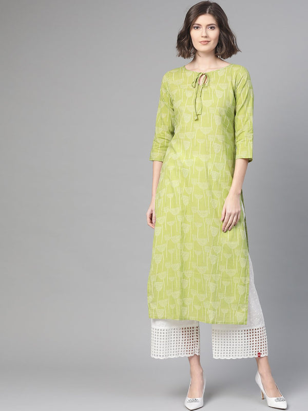 Adults-Women Green & Off white Cotton Straight Quirky Printed Kurta | NOZ2TOZ - Made In INDIA.