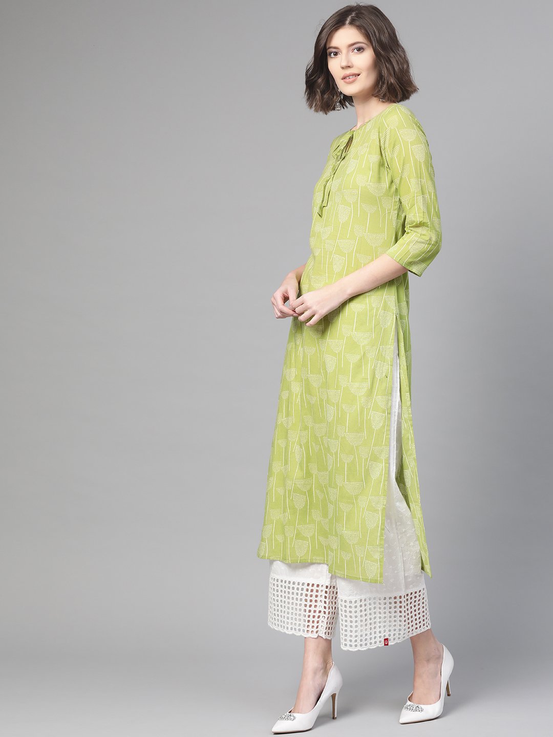 Adults-Women Green & Off white Cotton Straight Quirky Printed Kurta | NOZ2TOZ - Made In INDIA.