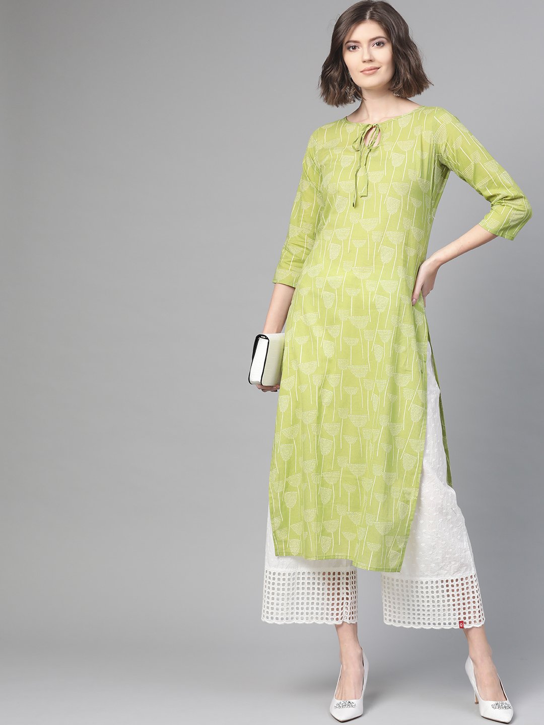 Adults-Women Green & Off white Cotton Straight Quirky Printed Kurta | NOZ2TOZ - Made In INDIA.