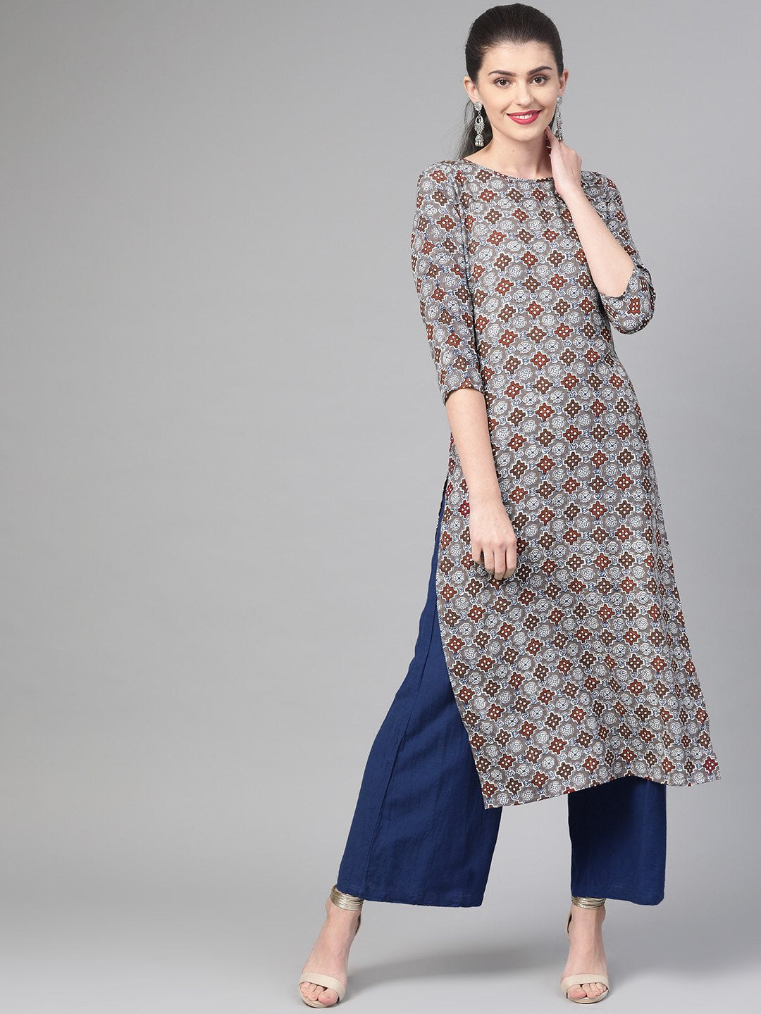 Adults-Women Grey & Maroon Cotton Straight Geometric Printed Kurta | NOZ2TOZ - Made In INDIA.