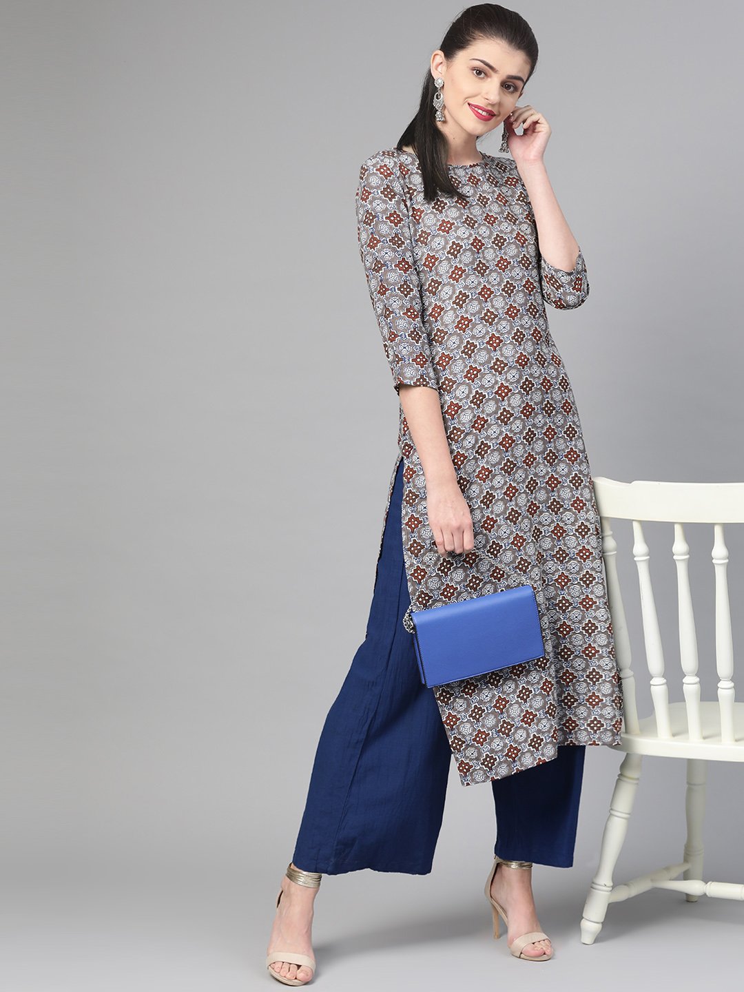 Adults-Women Grey & Maroon Cotton Straight Geometric Printed Kurta | NOZ2TOZ - Made In INDIA.