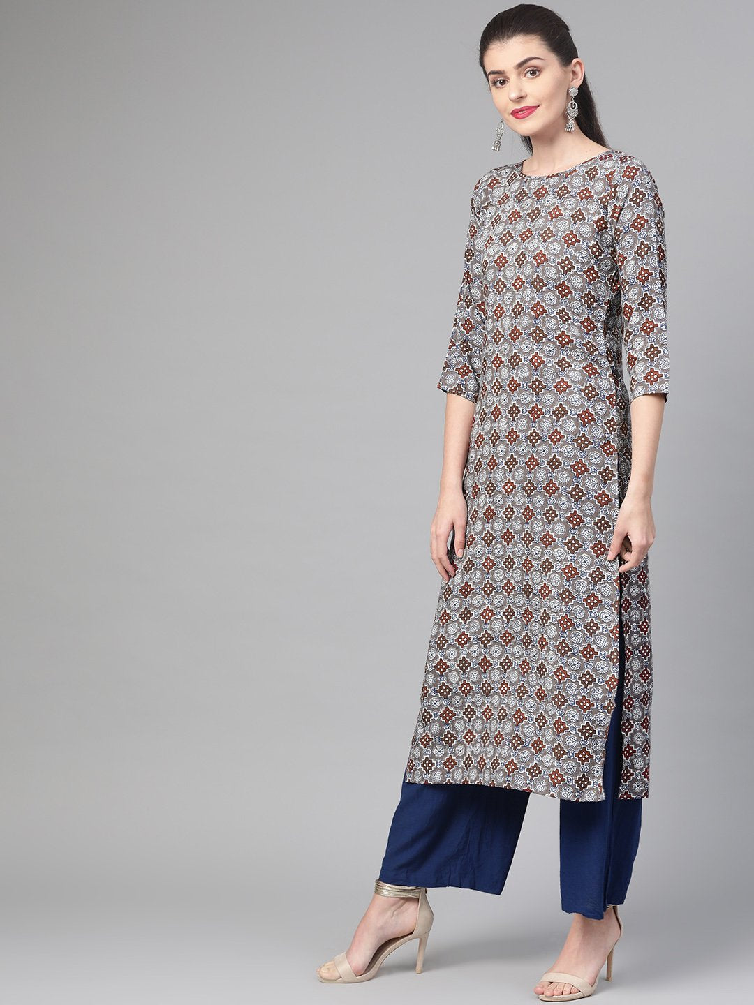 Adults-Women Grey & Maroon Cotton Straight Geometric Printed Kurta | NOZ2TOZ - Made In INDIA.