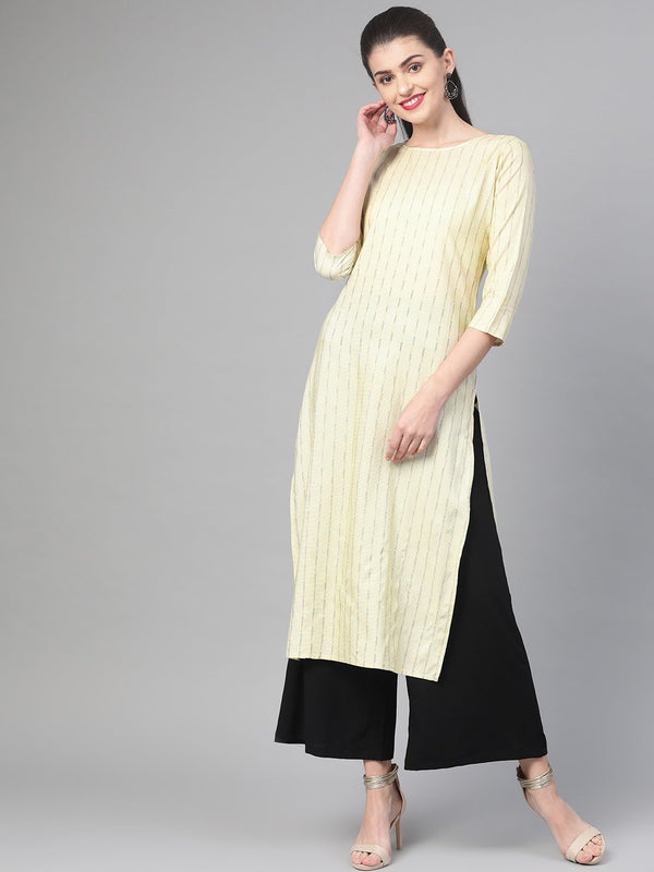 Adults-Women Lime Green & Gold Cotton Straight Striped Striped Kurta | NOZ2TOZ - Made In INDIA.