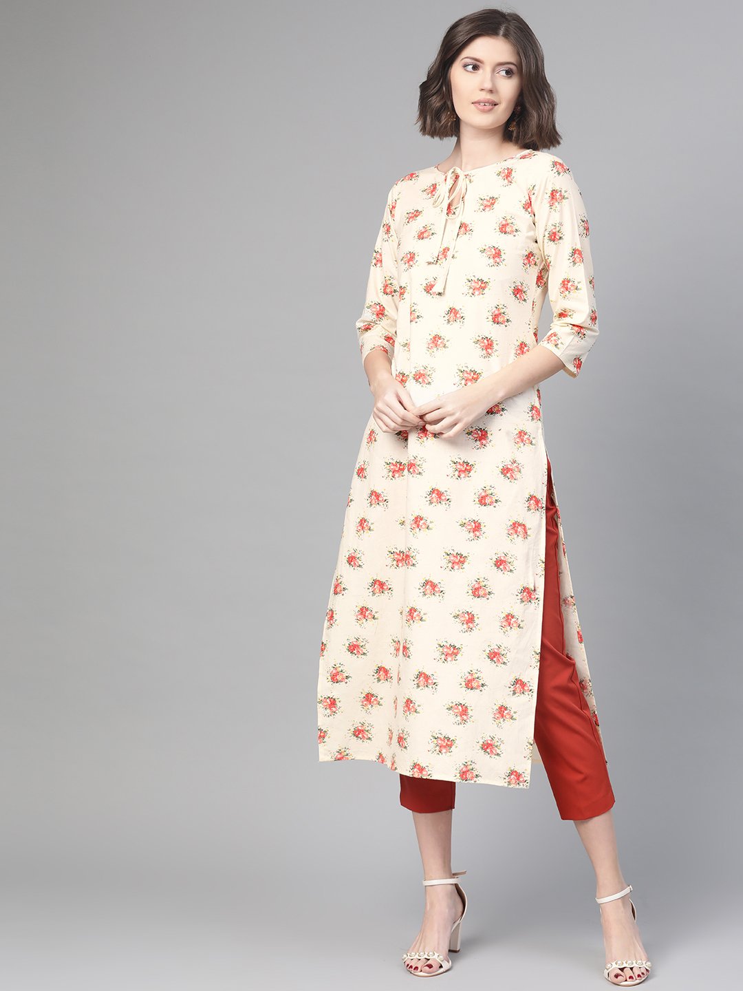 Adults-Women Cream & Peach Cotton Straight Floral Printed Kurta | NOZ2TOZ - Made In INDIA.