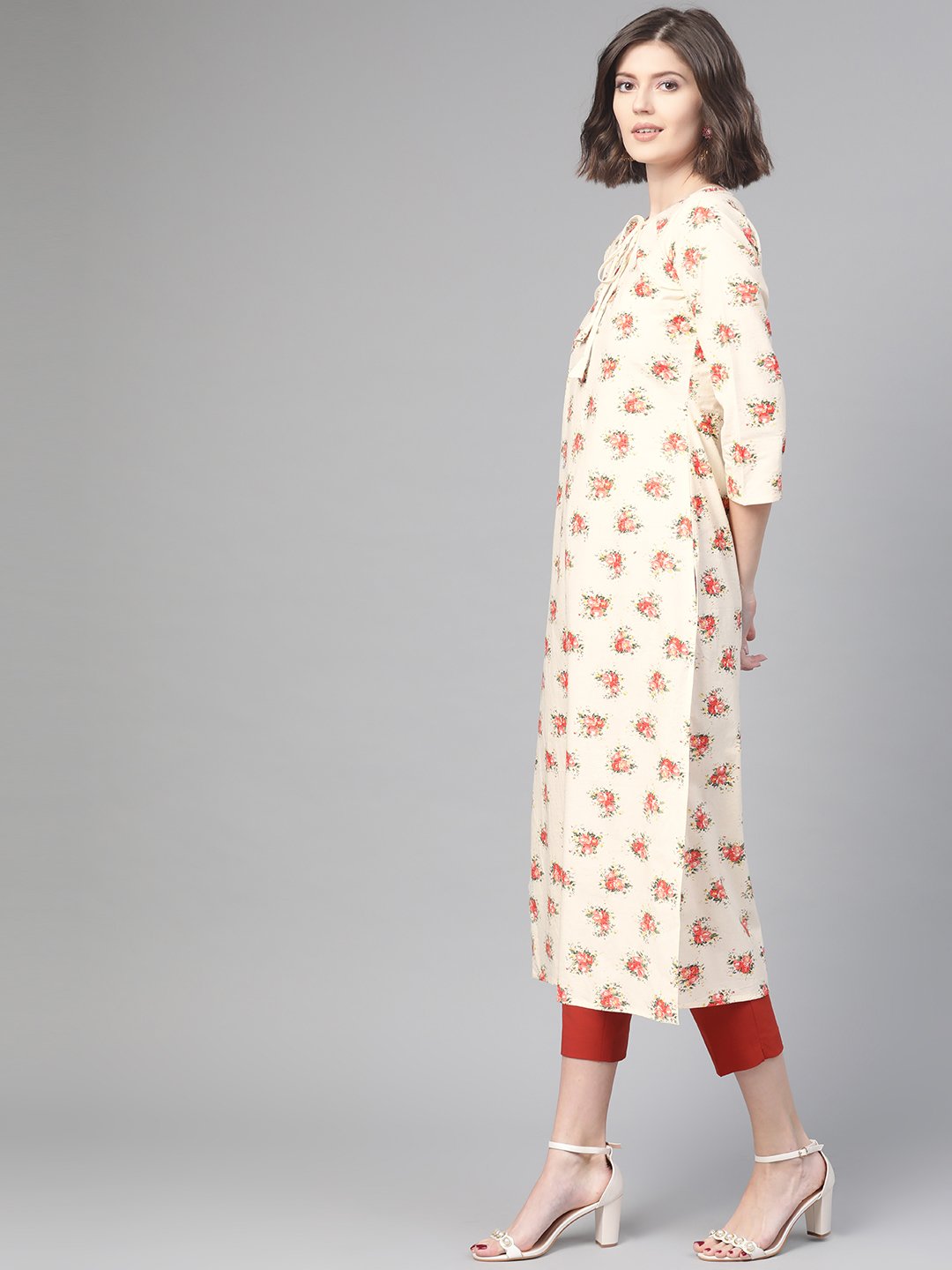 Adults-Women Cream & Peach Cotton Straight Floral Printed Kurta | NOZ2TOZ - Made In INDIA.