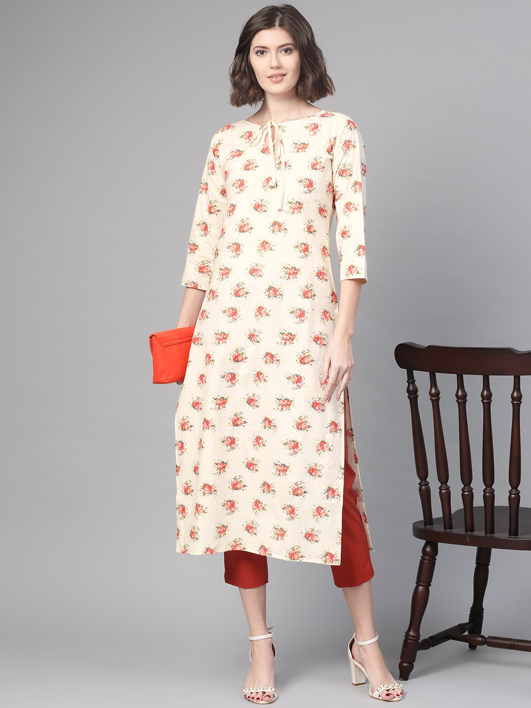 Adults-Women Cream & Peach Cotton Straight Floral Printed Kurta | NOZ2TOZ - Made In INDIA.