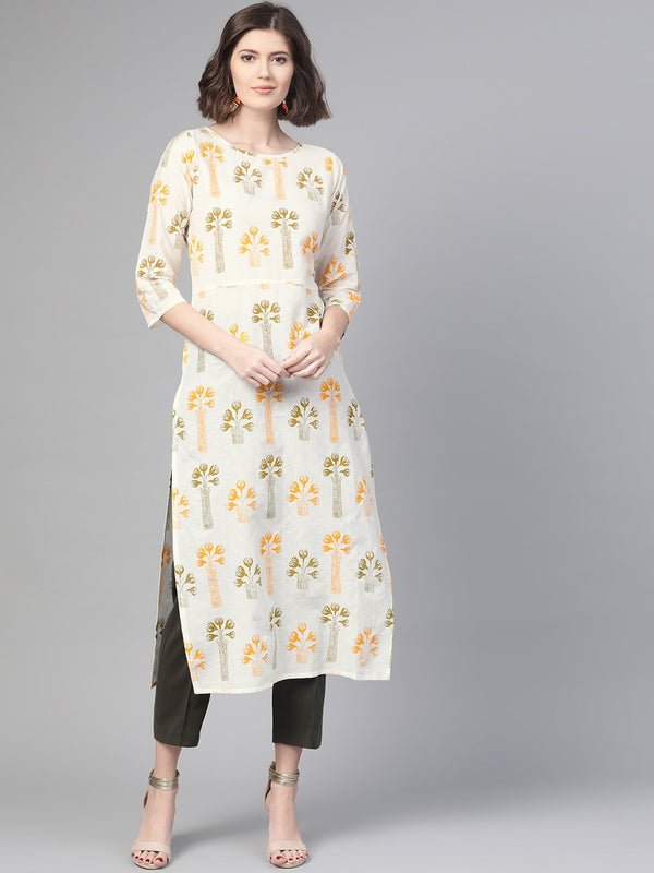 Adults-Women White & Orange Cotton Straight Floral Printed Kurta | NOZ2TOZ - Made In INDIA.