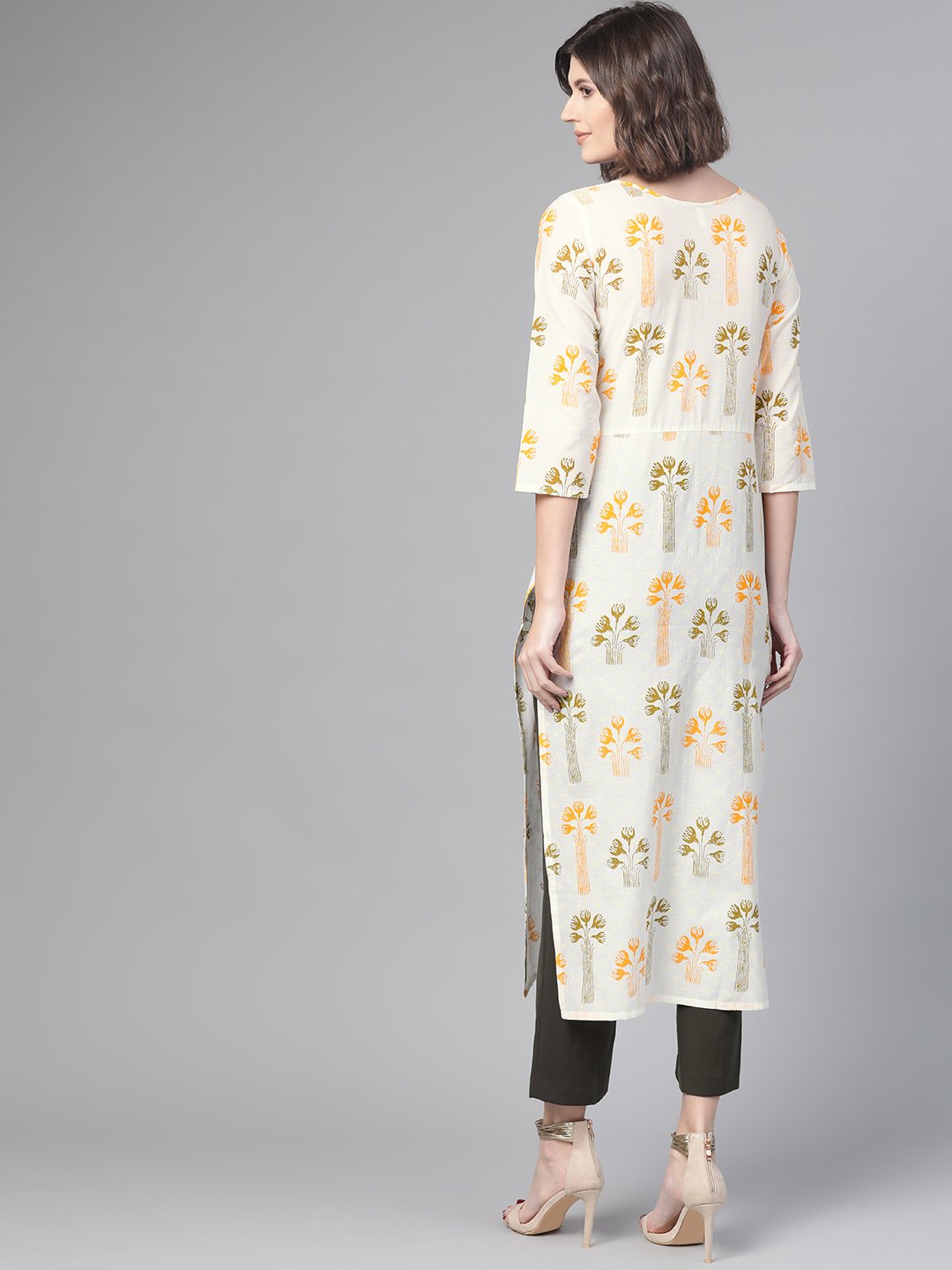 Adults-Women White & Orange Cotton Straight Floral Printed Kurta | NOZ2TOZ - Made In INDIA.