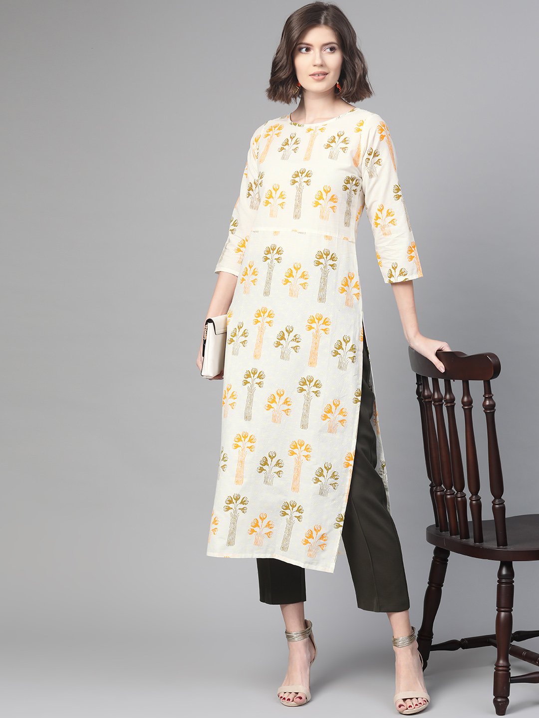 Adults-Women White & Orange Cotton Straight Floral Printed Kurta | NOZ2TOZ - Made In INDIA.