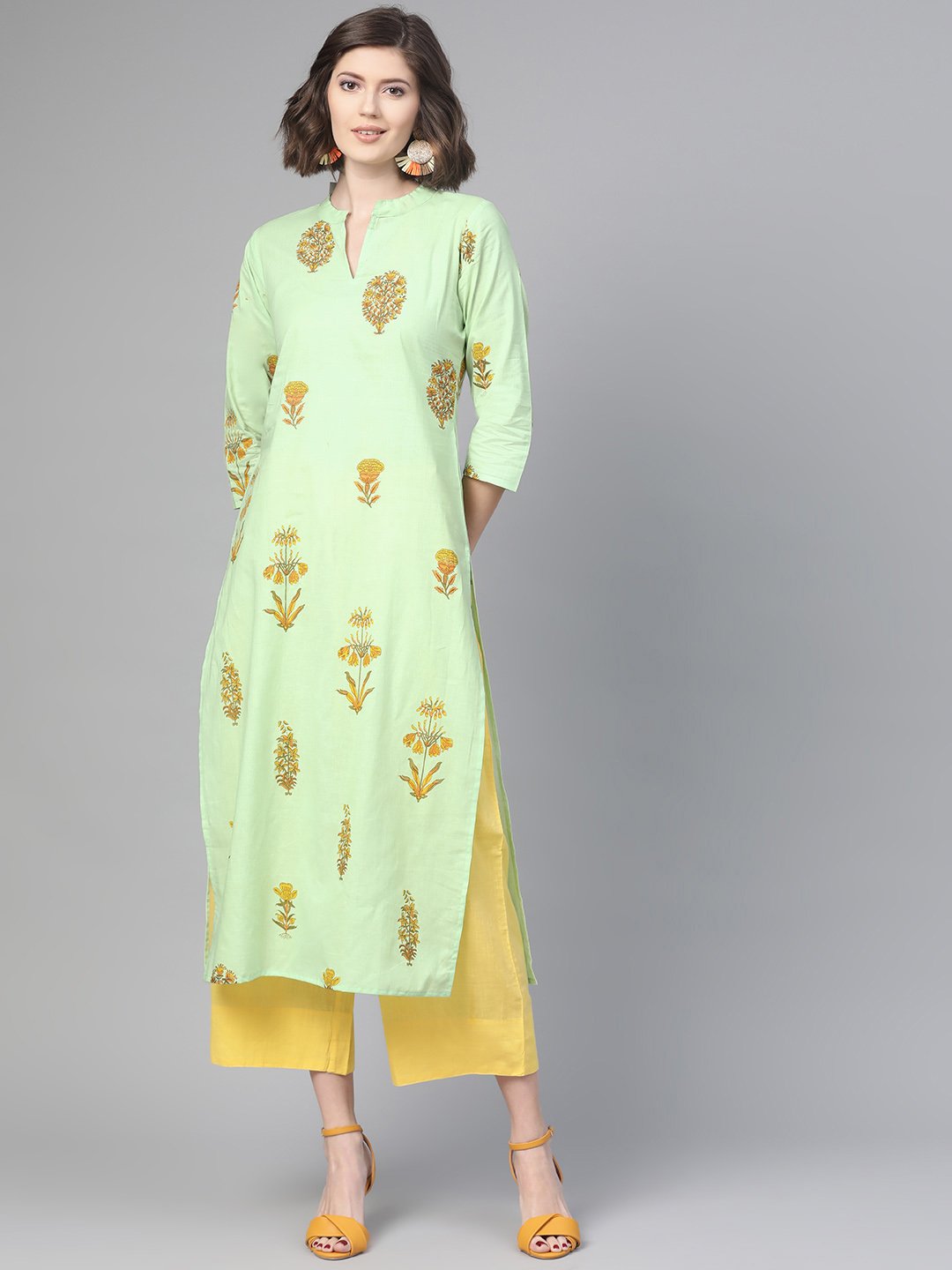 Adults-Women Green & Orange Cotton Straight Floral Printed Kurta | NOZ2TOZ - Made In INDIA.